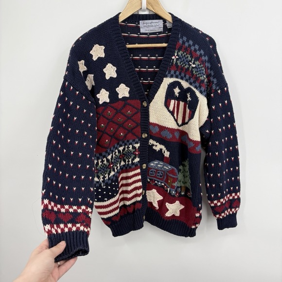 Northern Isles Sweaters - Vintage Northern Isles Hand Knit Sweater XLarge USA Patchwork 90s American Flag